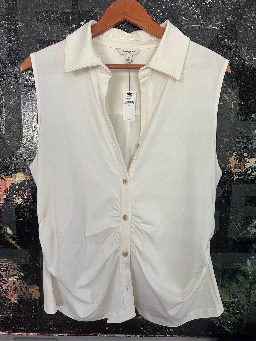 Banana Republic Sleeveless Button-Front Ruched Shirt - Cream